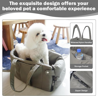 2 and 1 Center Console Dog Car Seat &amp; Carrier for Small Dogs, Large Leather Dog Car Bed with Storage Pocket, Waterproof PVC Leather Seat Travel Bed for Front &amp; Back Seat, Clip-On Safety Leash