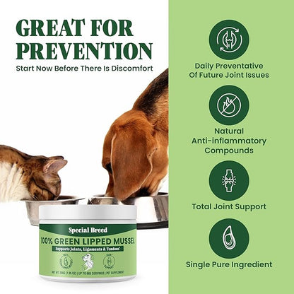 Special Breed Green Lipped Mussel Powder for Dogs &amp; Cats - 100% New Zealand Green Lipped Mussels - Natural Hip &amp; Joint Supplement for Joints, Tendons, Ligaments, Muscles - 200 Grams - 665 Servings