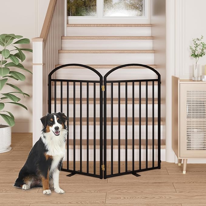 2 Panles Full Matel Freestanding Dog Gates with Door, 48"Extra Wide 36"Tall Free Standing Dog Pet Gate for Indoor &amp; Outdoor. Foldable Pet Fences for Doorways, House, Stairs, Porch, Deck, Yard