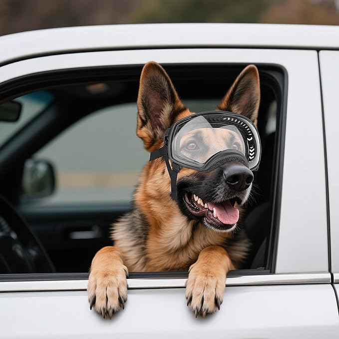 NAMSAN Clear Dog Goggles for Large Dogs, Wide Eyecup &amp; Soft Frame, Anti-UV Sunglasses for Dogs Medium to Large Breed, Driving Dog Eye Protection, Windproof Dustproof, Adjustable, Black Frame