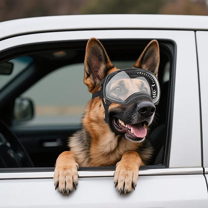 NAMSAN Clear Dog Goggles for Large Dogs, Wide Eyecup &amp; Soft Frame, Anti-UV Sunglasses for Dogs Medium to Large Breed, Driving Dog Eye Protection, Windproof Dustproof, Adjustable, Black Frame