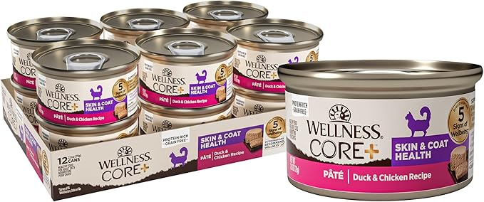 Wellness CORE+ Skin &amp; Coat Pate Adult Wet Cat Food, Natural, Protein-Rich, Grain Free, 2.8 Ounce, 12 Pack (Duck &amp; Chicken)