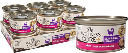 Wellness CORE+ Skin &amp; Coat Pate Adult Wet Cat Food, Natural, Protein-Rich, Grain Free, 2.8 Ounce, 12 Pack (Duck &amp; Chicken)