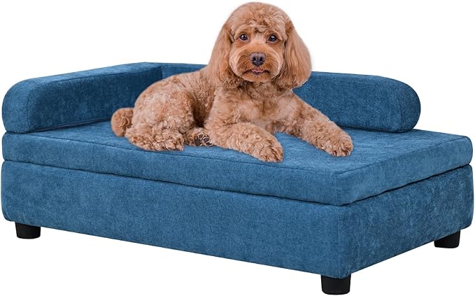 AFBKSS&amp;BB Pet Sofa with Hidden Storage for Puppy and Cat,Linen Fabric Dog Sofa,Cat Couch with Wooden Frame (Blue)
