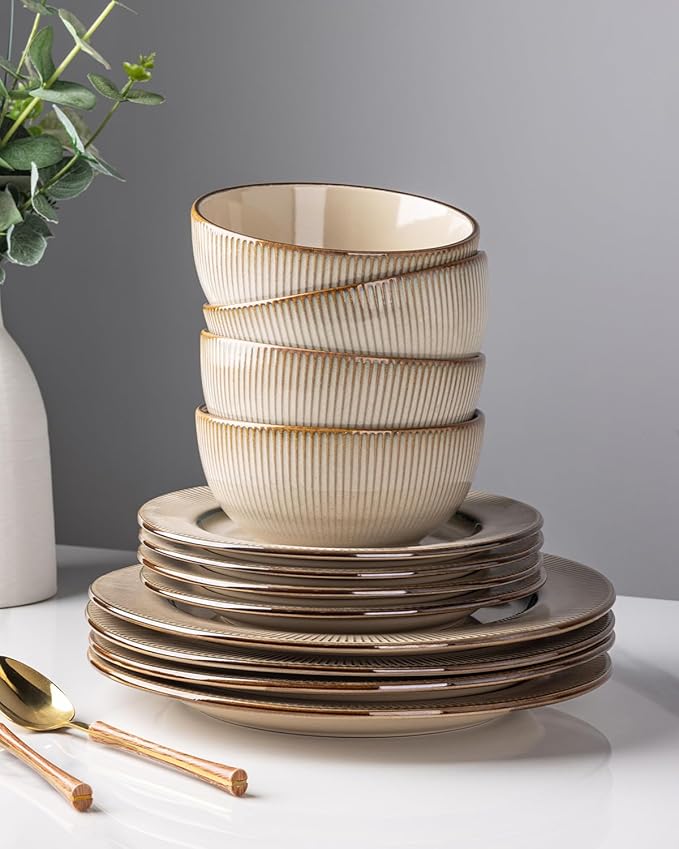 GBHOME Ceramic Dinnerware Sets,12 pcs Embossed Elegant Stoneware Plates and Bowls Sets, Housewarming Wedding Gift | Dishwasher &amp; Microwave Safe | Dishes Set Service for 4
