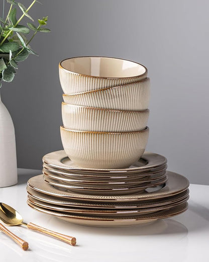 GBHOME Ceramic Dinnerware Sets,12 pcs Embossed Elegant Stoneware Plates and Bowls Sets, Housewarming Wedding Gift | Dishwasher &amp; Microwave Safe | Dishes Set Service for 4