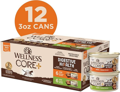 Wellness CORE+ Digestive Health Pate Adult Wet Cat Food, Natural, Protein-Rich, Grain Free, 3 Ounce, 12 Pack (Chicken &amp; Turkey Variety Pack)