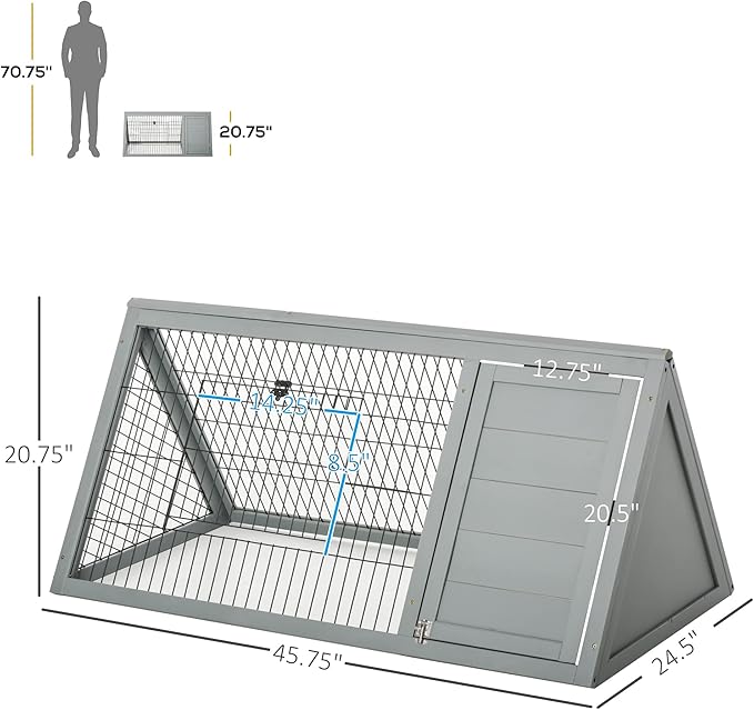 PawHut 46" x 24" Wooden A-Frame Outdoor Rabbit Hutch, Small Animal Cage, Bunny Hutch with Outside Run &amp; Ventilating Wire, Gray