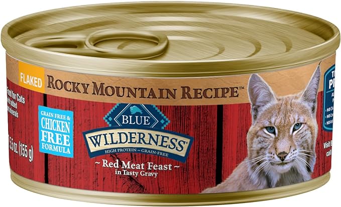 Blue Buffalo Wilderness Rocky Mountain Recipe Flaked Wet Cat Food, Chicken-Free &amp; Grain-Free Recipe, Made with Natural Ingredients, Red Meat in Tasty Gravy, 5.5-oz. Cans (24 Count)