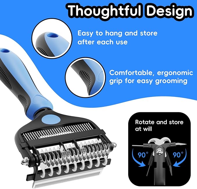 3-in-1 Pet Deshedding Tool – Grooming Brush for Dogs &amp; Cats with Undercoat Rake &amp; Dematting Comb (Blue)