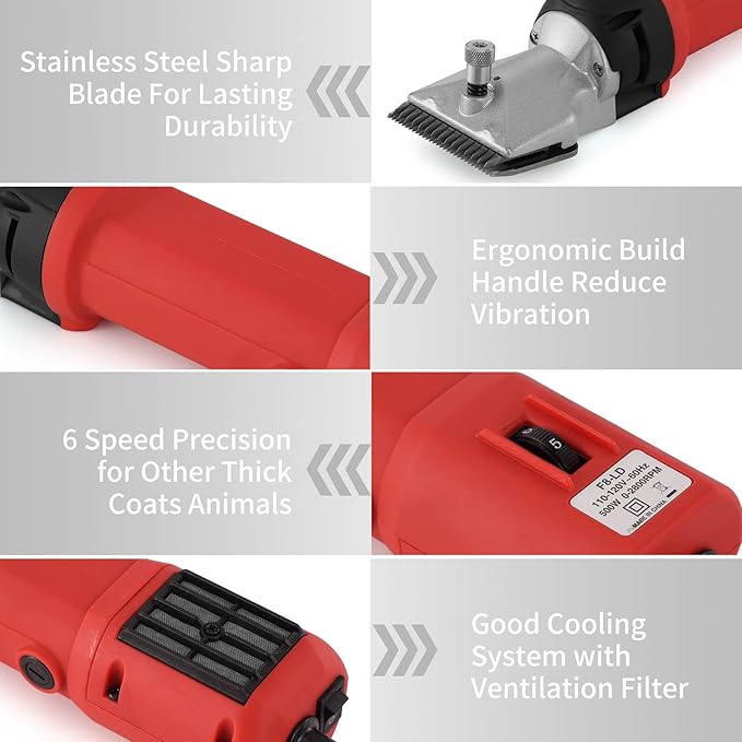 DUCKBOY Heavy Duty Clippers for Thick Coats Animals, 500W Professional Electric Shearing Machine for Horse Pony Cattle and Large Dogs Livestocks Grooming, 6 Speed &amp; 2 Detachable Shearing Blades