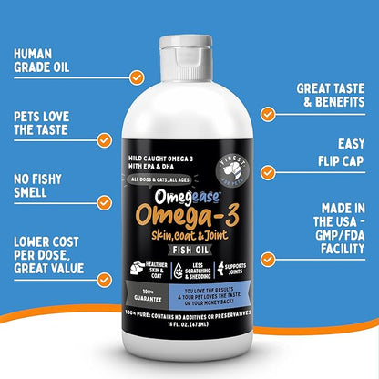 Omegease Fish Oil for Dogs &amp; Cats - Finest for Pets Omega 3 for Cats &amp; Dogs - Supplement for Skin &amp; Coat, Itching, Shedding, Joints &amp; Immune Health - 100% Pure Omega Fish Oil with EPA &amp; DHA (16 oz)