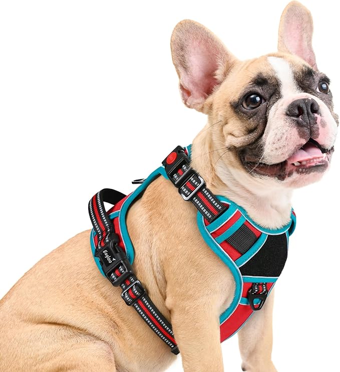 Eagloo Dog Harness Medium Sized, Easy Wearing with 3 Buckles, Adjustable No Pull Pet Harness with 2 Rings for Walking, No Chock Reflective Soft Padded Vest with Control Handle, Red &amp; Teal, M