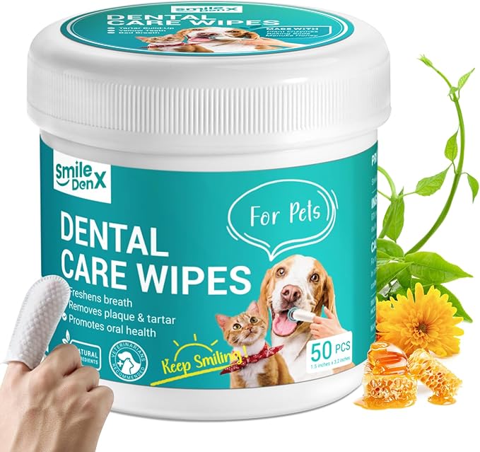 Dog Dental Care Finger Wipes - Teeth Cleaning Finger Wipes for Dog &amp; Cats - Tooth Brushing Kit Dental Wipes for Dog - Reduces Plaque &amp; Freshens Breath (50 PCS, Unscented)
