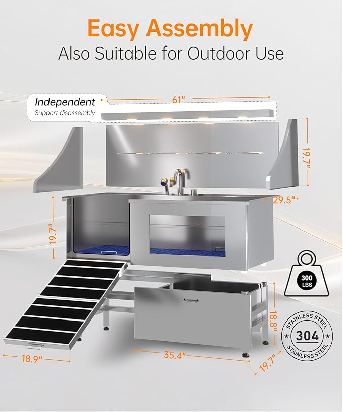 polimo Dog Washing Station, LED Professional Stainless Steel Dog Bathing Station 61", Dog Grooming Tub for Large, Medium &amp; Small Dog - with Window, Ramp, Drawer, Floor Grate &amp; Faucet (Left RAMP, 61")
