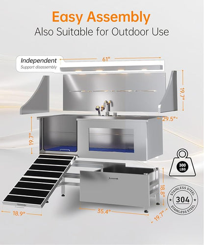 polimo Dog Washing Station, LED Professional Stainless Steel Dog Bathing Station 61", Dog Grooming Tub for Large, Medium &amp; Small Dog - with Window, Ramp, Drawer, Floor Grate &amp; Faucet (Left RAMP, 61")