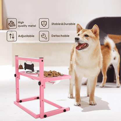 SHAINFUN Elevated Bowls for Small and Medium Dogs, Raised Stand With 2 Stainless Steel Food &amp; Water Bowls, Adjustable Height Feeder for Puppy &amp; Cats, Cute Pink