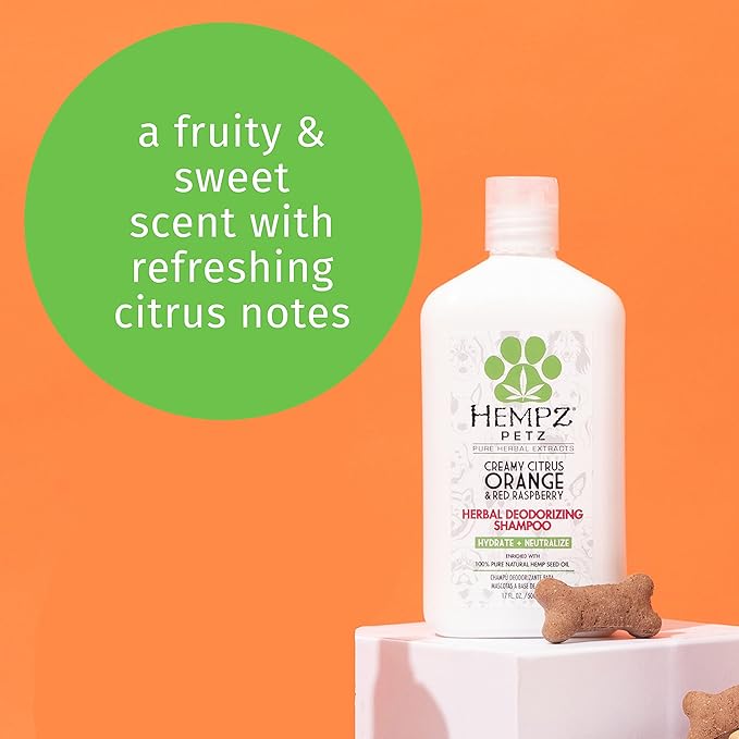 Hempz Petz Dog Shampoo, Creamy Citrus Orange &amp; Red Raspberry Herbal Deodorizing Cleanser, 17 oz.
