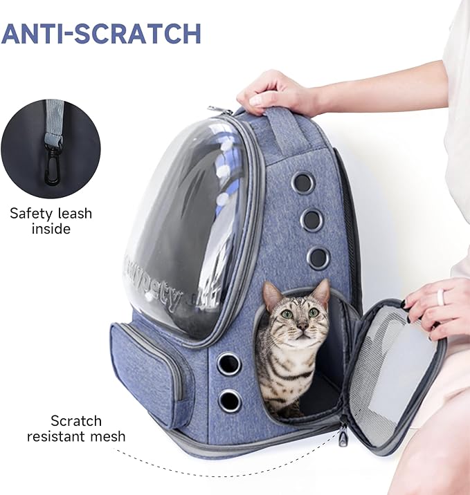 Cat Backpack Carrier, Breathable Cat Carrier Large Space Bubble Pet Backpack for Kitty Small Dog up to 12lbs, Transparent &amp; Foldable Pet Carrier for Travel Hiking (Blue
