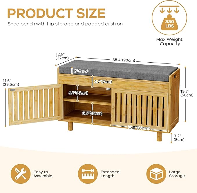 Shoe Storage Bench, Bamboo Entryway Bench with 2 Doors &amp; Padded Seat Cushion, 35.4" W x 12.6" D x 19.7" H, 2-Tier Shoe Rack with Lift Top Hidden Storage, for Entryway, Living Room, Bedroom, Natural