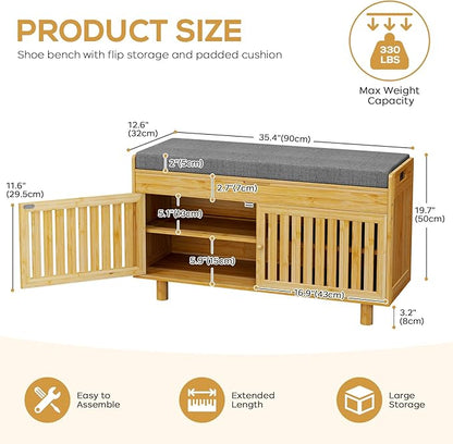 Shoe Storage Bench, Bamboo Entryway Bench with 2 Doors &amp; Padded Seat Cushion, 35.4" W x 12.6" D x 19.7" H, 2-Tier Shoe Rack with Lift Top Hidden Storage, for Entryway, Living Room, Bedroom, Natural
