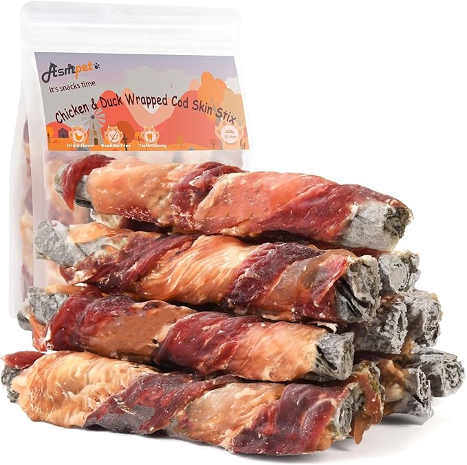 ASMPET Dog Treats Chews, Chicken &amp; Duck Wrapped Cod Skin Sticks, Rawhide Free Cod Skin Treats for Dogs 10.6 oz