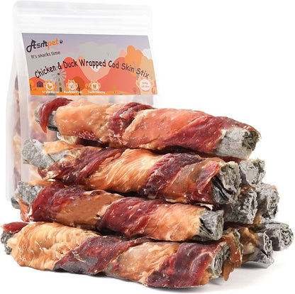 ASMPET Dog Treats Chews, Chicken &amp; Duck Wrapped Cod Skin Sticks, Rawhide Free Cod Skin Treats for Dogs 10.6 oz
