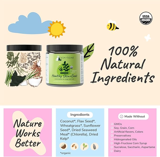 kin+kind Organic Multivitamin for Dogs &amp; Cats - Pet Supplement for Healthy Skin and Coat - Safe, Natural Formula with Wheatgrass, Kelp, Seaweed and Coconut - Made in USA - Bundle (3 x 8 oz)