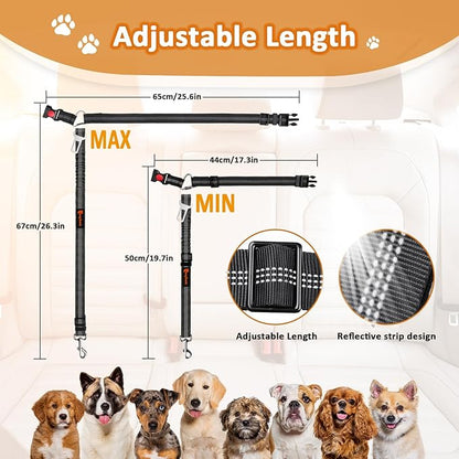 Removable Dog Seat Belt Harness for Car, 3 in 1 Pet Dog Car Seatbelt Leash, Retractable Restraint Secures to Vehicle Headrest &amp; Adjustable Reflective Bungee Dog Seatbelt Tether, Black