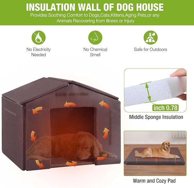 Dog House Outdoor Large Insulated Dog Kennel with Liner for Winter Waterproof Dog Cage for Small &amp; Medium &amp; Large Dogs,Unique All-Around Iron Frame