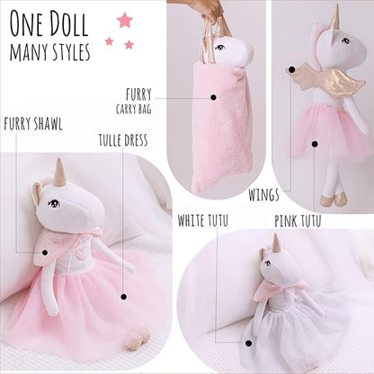 Perfectto Design Ballerina Unicorn Doll Stuffed Animal for Girls - Plush Toy Doll Set, Bag, Tutu Cloths, Wings - Play Set for 3 4 5 Year Old Girl Gift for Little Girl, Birthday, Christmas Age 3-9