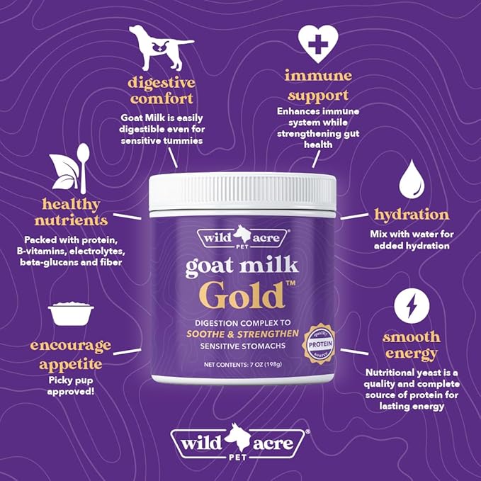 Wild Acre Goat Milk Powder for Dogs - Complete Protein Goat Milk with Nutritional Yeast for Sensitive Stomachs - Gentle Probiotic &amp; Prebiotic Protein for Dogs, Puppies and Cats - 7oz