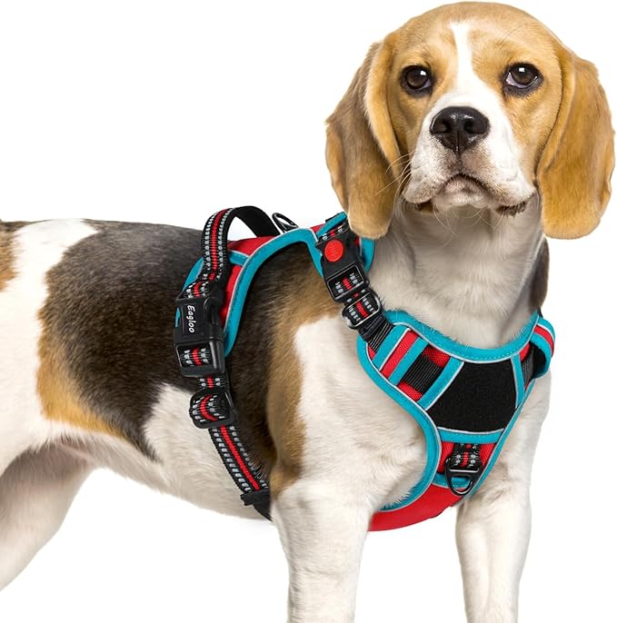 Eagloo Dog Harness Small Sized, Easy Wearing with 3 Buckles, Adjustable No Pull Pet Harness with 2 Rings for Walking, No Chock Reflective Soft Padded Vest with Control Handle, Red &amp; Teal, S