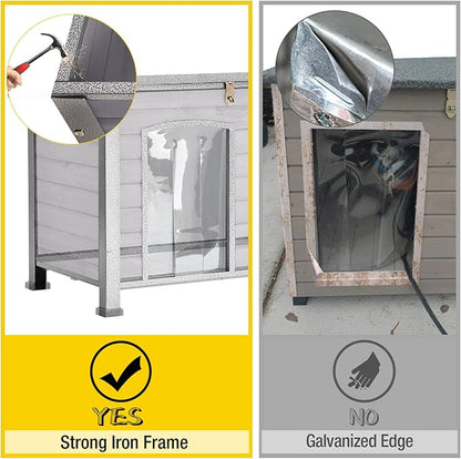 Aivituvin Dog House with Insulated Liner, Outdoor Indoor Weatherproof Dog House for Winter, Suitable for Small &amp; Medium &amp; Large Dogs with Unique All-Around Iron Frame(Grey)