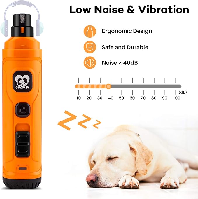 Casfuy Dog Nail Grinder with 2 LED Light - New Version 2-Speed Powerful Electric Pet Nail Trimmer Professional Quiet Painless Paws Grooming &amp; Smoothing for Small Medium Large Dogs and Cats (Orange)