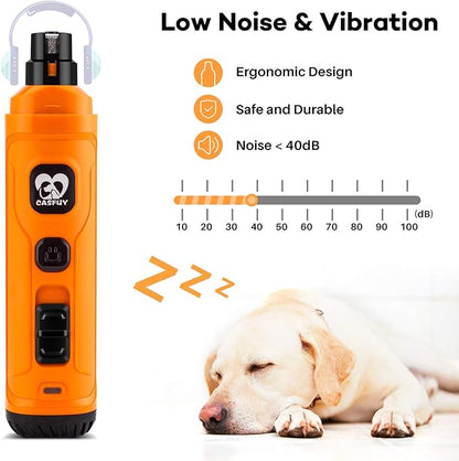 Casfuy Dog Nail Grinder with 2 LED Light - New Version 2-Speed Powerful Electric Pet Nail Trimmer Professional Quiet Painless Paws Grooming &amp; Smoothing for Small Medium Large Dogs and Cats (Orange)