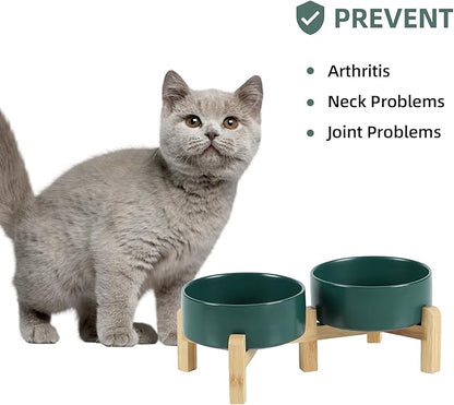 Ceramic Raised Double Bowls Set with Stand, 2 Heights Elevated, Food &amp; Water Bowls for Small Breed Dogs, Cats, Kitty, Weighted Dog Dishes, Pet Bowls(5.1&