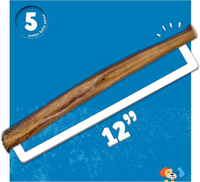 Jack&amp;Pup 12 Inch Bully Sticks for Large Dogs (5 Pack) Jumbo Dog Chews for Aggressive Chewers | All Natural, Odor Free Bully Sticks for Dogs
