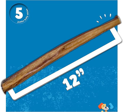 Jack&amp;Pup 12 Inch Bully Sticks for Large Dogs (5 Pack) Jumbo Dog Chews for Aggressive Chewers | All Natural, Odor Free Bully Sticks for Dogs