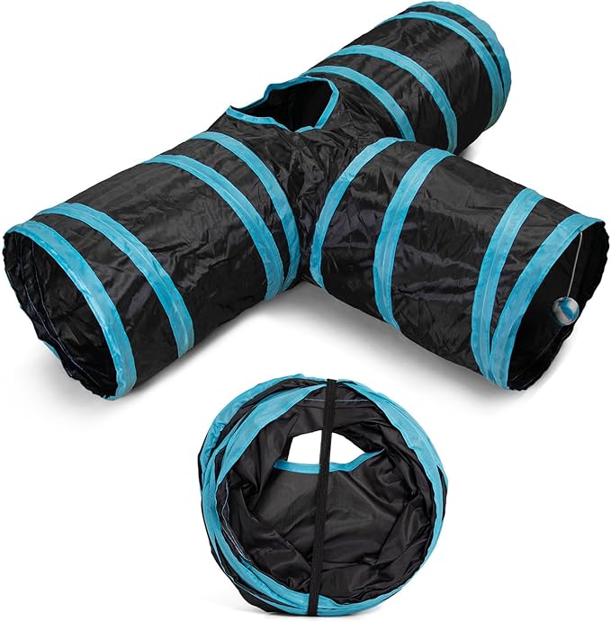 Cat Tunnel, 3 Way Cat Tunnels for Indoor Cats, Foldable Cat Tubes and Tunnels for Cats Kittens, Kitty Bored Peek Hole Toy Ball Cat, Puppy, Kitty, Kitten, Rabbit, Guinea Pigs (Blue &amp; Black)