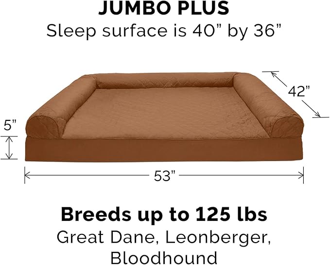Furhaven Cooling Gel Dog Bed for Large Dogs w/ Removable Bolsters &amp; Washable Cover, For Dogs Up to 125 lbs - Quilted Sofa - Toasted Brown, Jumbo Plus/XXL