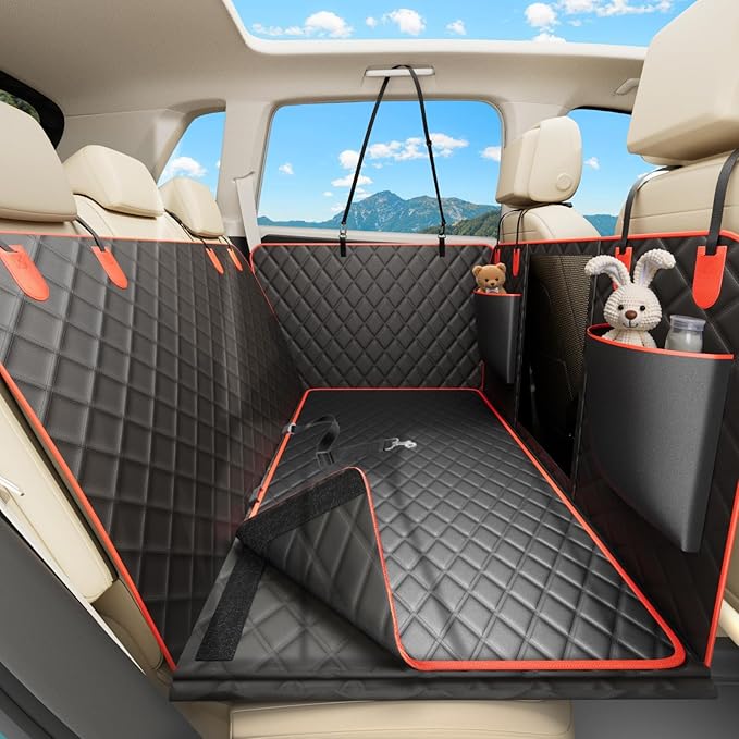 Waterproof Dog Car Seat Cover for Back Seat – Heavy Duty Back Seat Extender for Dogs with Hard Bottom, 7-Layer Protection, Non-Slip &amp; Scratchproof, Easy to Install (Red)