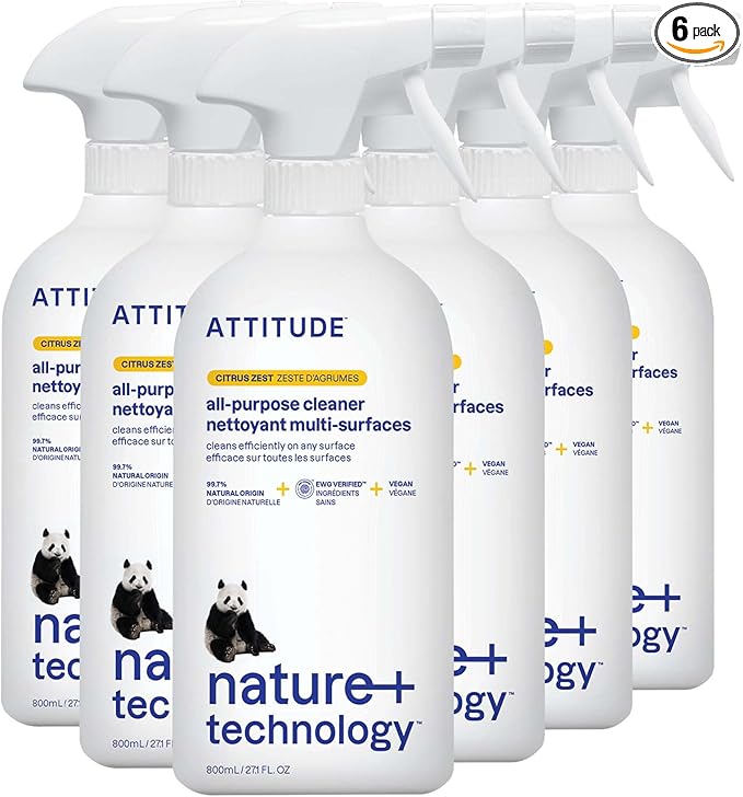 ATTITUDE All Purpose Cleaner Spray, EWG Verified, Vegan, Made with 94% Plant-Based Ingredients, Streak-Free for Kitchen, Bathroom, Glass &amp; More, Citrus Zest Scent, 27.1 Fl Oz (Pack of 6)