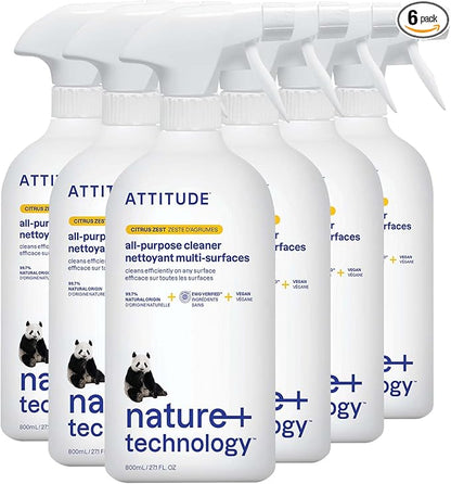 ATTITUDE All Purpose Cleaner Spray, EWG Verified, Vegan, Made with 94% Plant-Based Ingredients, Streak-Free for Kitchen, Bathroom, Glass &amp; More, Citrus Zest Scent, 27.1 Fl Oz (Pack of 6)