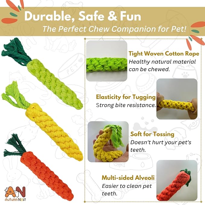 3PCS Mixed Color Woven Pet Rope Toys (Yellow, Green, Orange), Chew Toys for Dogs &amp; Cats, Safe &amp; Durable Braided Rope Toys for Pets