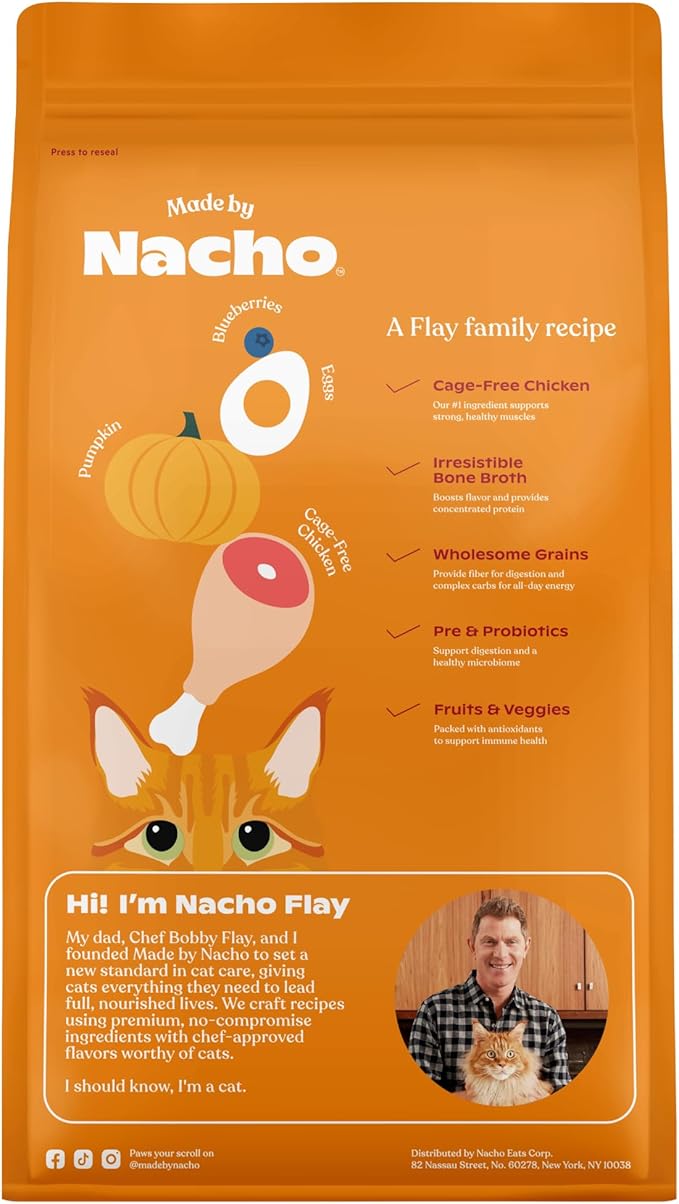 Made by Nacho Dry Cat Kibble 4lb Bag, High Protein and Grain-Friendly Premium Cat Food, Cage-Free Chicken &amp; Pumpkin Recipe, Infused with Bone Broth for Hydration, Limited Ingredients, Single Bag