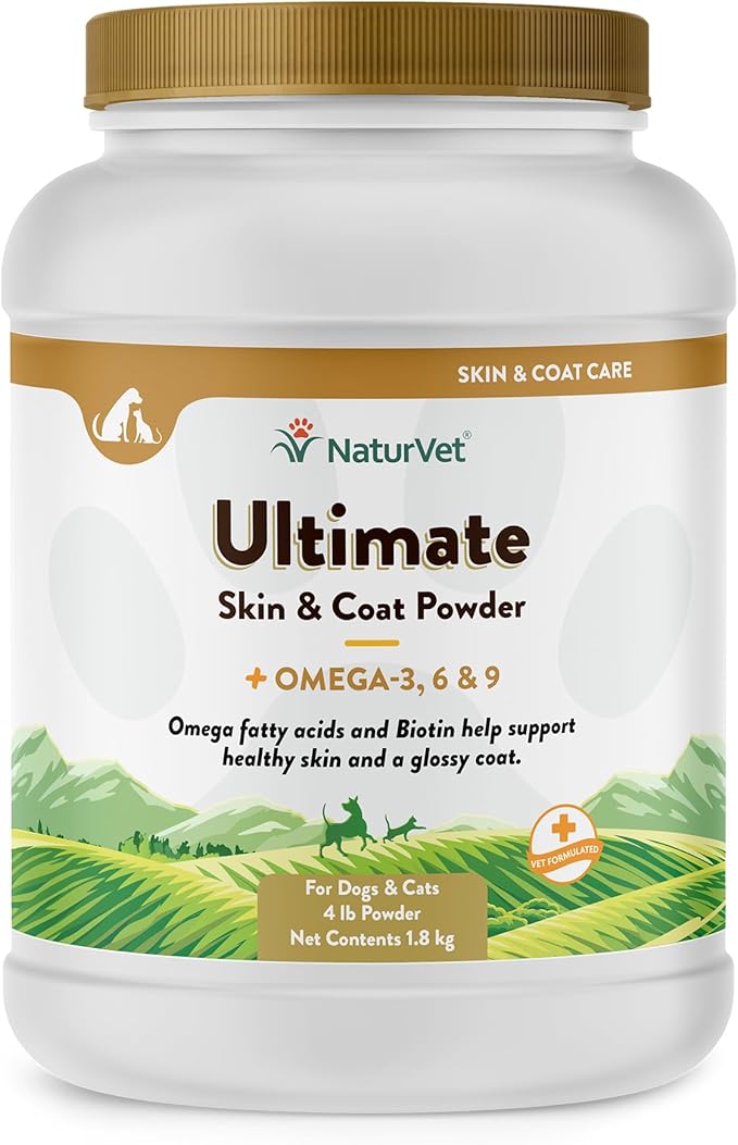 NaturVet Ultimate Skin &amp; Coat Powder Pet Supplement for Dogs &amp; Cats – Includes Omegas 3, 6, 9, Biotin, Vitamins – For Healthy Dog Coats, Cat Skin – Tasty Food Topper for Pets – 4 lbs.