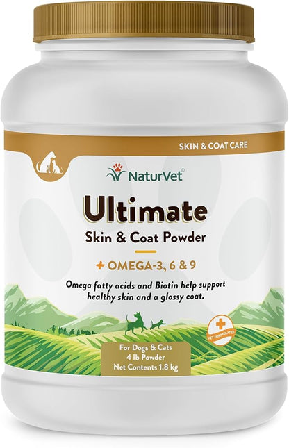 NaturVet Ultimate Skin &amp; Coat Powder Pet Supplement for Dogs &amp; Cats – Includes Omegas 3, 6, 9, Biotin, Vitamins – For Healthy Dog Coats, Cat Skin – Tasty Food Topper for Pets – 4 lbs.