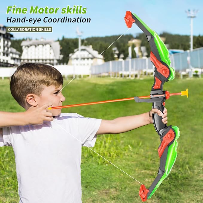 TEMI Bow and Arrow Set for Kids - Archery Toy Set - LED Light Up with Suction Cup Arrows, Target &amp; Quiver, Indoor and Outdoor Toys for Children Boys Girls