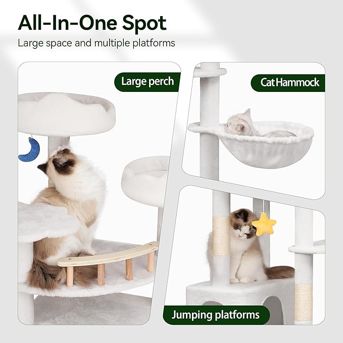 85in Tall Cat Tower for Heavy Duty Big Cats, Large Cat Tree with Scratching Post, Plush Perches, Cozy Cat Condos &amp; Hanging Hammocks for Maine Coon, White